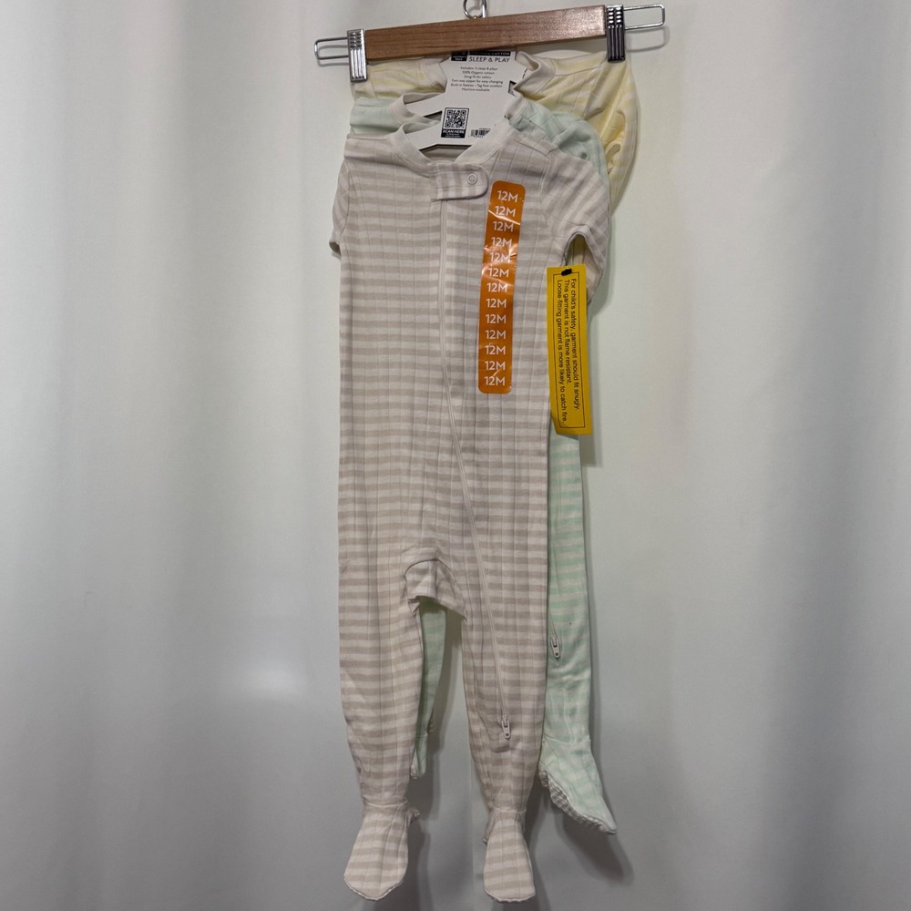Members Mark 12M Organic Cotton Sleep and Play 3 Pack Striped Footed Pajamas NWT